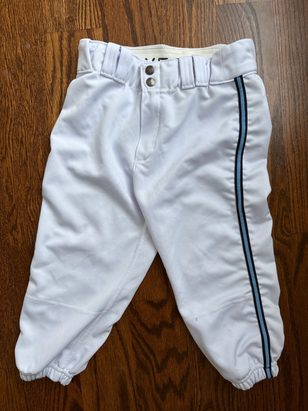 Kids White Baseball Pants with Navy Side Stripe